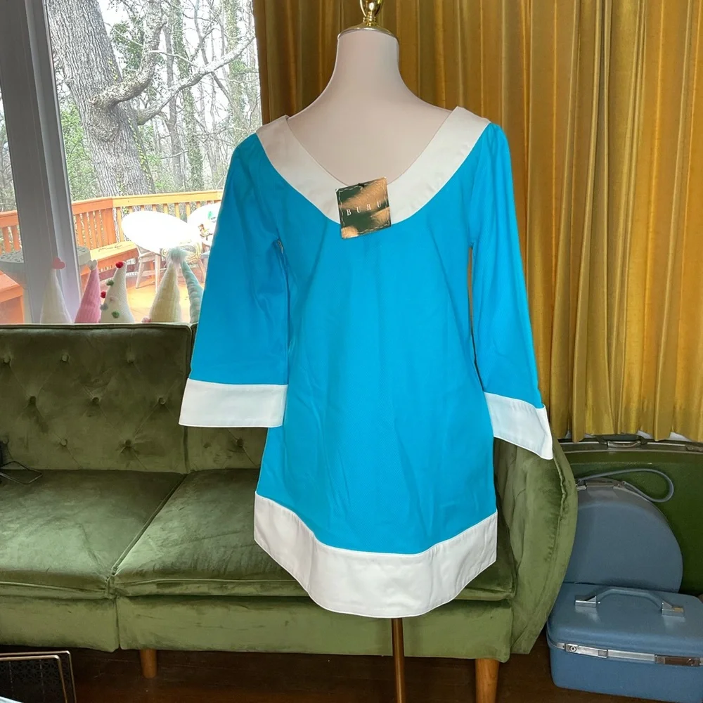 Buru Turquoise and White Mini Dress with Contrast Trim NWT